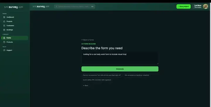 Building a SiteSurvey form from a written prompt with the AI form builder