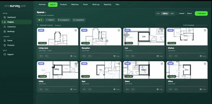 The SiteSurvey web portal switching from the Spaces gallery — eight rooms each with its own plan and progress — to the Map view showing the finished measured floor plan of the whole floor