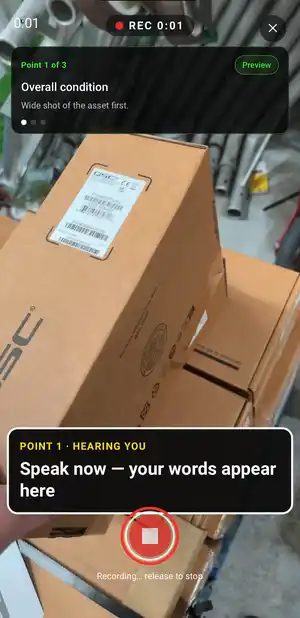 Recording a Walk Cam inspection point with live voice-to-text captions
