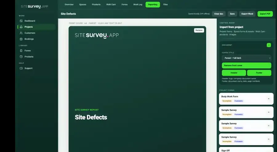 The Site Defects report open in the SiteSurvey web portal, scrolling down to reveal the External Electrics section with the defect write-up and the still frames pulled from the Walk Cam clip