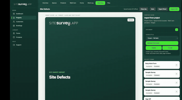 The Site Defects report open in the SiteSurvey web portal, scrolling down to reveal the External Electrics section with the defect write-up and the still frames pulled from the Walk Cam clip