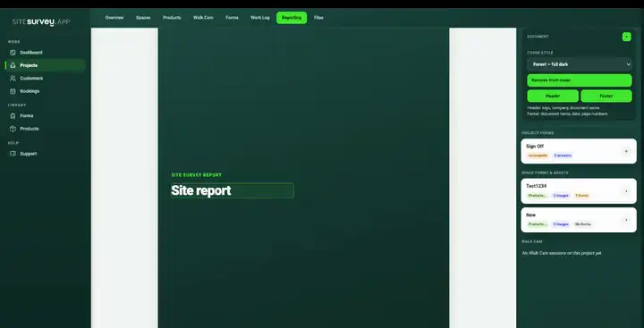 The SiteSurvey reporting workspace assembling a store survey report — sign-off forms, space forms and captured product evidence listed on the right as the branded document builds on the page