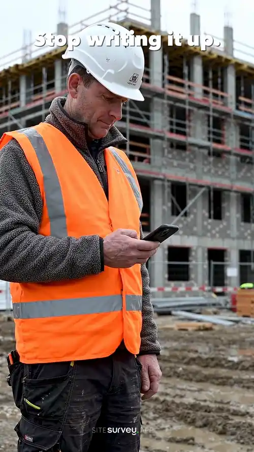 A Walk Cam inspection recording on a construction site — filming cables trailing across the access route, then conduit and pallets blocking the next pour, while live voice-to-text writes each observation on screen