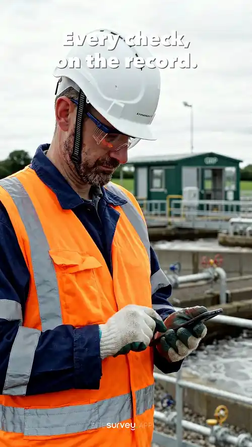 A Walk Cam inspection at a water treatment works — recording the control kiosk and panel, then pump P1 and its gauges, while live voice-to-text writes each observation on screen